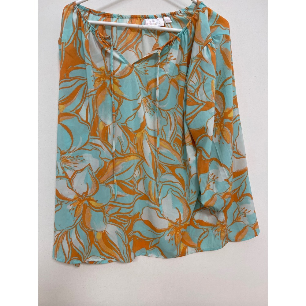 Belle by Kim Gravel Aqua Orange Floral Split Neck Tie Blouse 1X